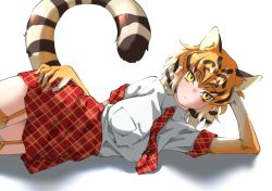 Rule 34 | 1girl, animal ear fluff, animal ears, black hair, closed mouth, elbow gloves, elbow rest, extra ears, garter straps, gloves, hand on own hip, highres, kemono friends, looking at viewer, lying, medium hair, multicolored hair, necktie, on side, orange hair, plaid, plaid necktie, plaid skirt, plaid trim, red necktie, red skirt, shirt, short sleeves, simple background, skirt, solo, striped tail, tail, tanabe (fueisei), thighhighs, tiger (kemono friends), tiger ears, tiger girl, tiger tail, unmoving pattern, white background, white hair, white shirt, yellow eyes