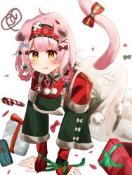 Rule 34 | 1girl, all fours, animal ears, arknights, bandaid, bandaid on head, black bracelet, blue bow, blush, bow, box, braid, candy, candy cane, cat ears, cat girl, cat tail, clothing cutout, detached sleeves, feet out of frame, floppy ears, floral print, food, gift, gift box, goldenglow (arknights), goldenglow (maiden for the bright night) (arknights), green bow, green sweater, hair ornament, hairband, highres, infection monitor (arknights), layered sleeves, long hair, long sleeves, looking at viewer, nishimiya aki, official alternate costume, print hairband, red hairband, red shirt, shirt, simple background, skirt, solo, squiggle, sweatdrop, sweater, tail, tail bow, tail ornament, tail through clothes, tearing up, wavy mouth, white background, white skirt, x hair ornament, yellow eyes