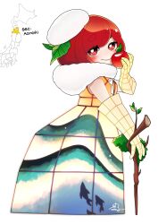 Rule 34 | absurdres, aomori prefecture, apple, branch, bright pupils, food, fruit, fur collar, gloves, hat, highres, japan, nobel (nobel827), original, personification, red eyes, red hair, solo, white background, white pupils
