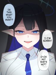 Rule 34 | 1girl, black hair, blue archive, blue eyes, blue halo, blue necktie, breasts, collared shirt, commentary, english commentary, english text, false smile, gradient background, halo, highres, large breasts, long hair, necktie, open mouth, pointy ears, rin (blue archive), shaded face, shirt, smile, solo, speech bubble, stryx, upper body, white shirt