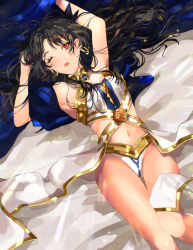 Rule 34 | 1girl, ;o, armpits, arms up, bad id, bad pixiv id, bed sheet, black hair, black ribbon, blush, breasts, cleavage, collar, earrings, fate/grand order, fate (series), from above, gluteal fold, hair ribbon, highres, ishtar (fate), ishtar (fate), jewelry, light particles, looking at viewer, lying, medium breasts, messy hair, navel, on back, on bed, one eye closed, open mouth, red eyes, ribbon, solo, sparkle, strapless, thigh gap, thighs, tohsaka rin, waist cape, yunyuniraaka
