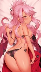 Rule 34 | 1girl, ass, bare shoulders, bikini, breasts, butt crack, chloe von einzbern, demon tail, fate/kaleid liner prisma illya, fate (series), hair between eyes, hair bun, half updo, highres, licking lips, long hair, looking at viewer, looking back, lying, m-da s-tarou, nipples, on bed, on stomach, pink hair, shiny skin, side-tie bikini bottom, single hair bun, small breasts, smile, solo, swimsuit, tail, tongue, tongue out, topless