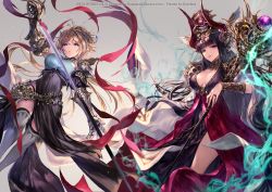 Rule 34 | 2girls, artist name, black dress, blonde hair, breasts, brown hair, cleavage, dress, floating hair, gauntlets, green eyes, grey background, grey legwear, hair between eyes, highres, holding, holding staff, holding sword, holding weapon, irua, jewelry, long hair, looking at viewer, medium breasts, multiple girls, nephthys (grandblue fantasy), parted lips, purple eyes, ring, roland (shadowverse), roland the incorruptible, sheath, shingeki no bahamut, simple background, smile, staff, standing, sword, thighhighs, unsheathing, very long hair, weapon