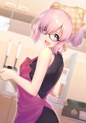 Rule 34 | 1girl, :, alternate costume, alternate hairstyle, apron, bare arms, bare shoulders, black-framed eyewear, black dress, blurry, blurry background, blush, cabinet, commentary request, dress, fate/grand order, fate (series), from side, frying pan, glasses, hair over one eye, head scarf, hisayaki kyuu, holding, indoors, kitchen, lips, looking at viewer, looking to the side, mash kyrielight, open mouth, pink apron, pink eyes, pink hair, ponytail, pot, short hair, sleeveless, sleeveless dress, solo, spatula, upper body