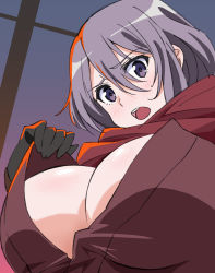 Rule 34 | 10s, 1girl, blush, breasts, cleavage, dragon yukano, female focus, from below, ginmaru, gloves, huge breasts, japanese clothes, large breasts, long hair, looking at viewer, ninja slayer, open mouth, purple eyes, purple hair, scarf, solo