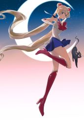 Rule 34 | bishoujo senshi sailor moon, black cat, blonde hair, blue eyes, boots, cat, female focus, highres, luna (sailor moon), moon, red eyes, sailor moon, tagme