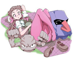 Rule 34 | 10s, 1girl, :o, ^ ^, alternate color, artist request, blanket, blush, breasts, brown hair, closed eyes, creature, creatures (company), crossed legs, dress, feet, forehead, game freak, gen 1 pokemon, gen 3 pokemon, geodude, grass, gym leader, hair slicked back, knees up, long hair, looking at viewer, lying, mary janes, mat, medium breasts, nintendo, nisego, nosepass, on back, pantyhose, pink eyes, pink pantyhose, pokemon, pokemon (creature), pokemon oras, puffy sleeves, raised eyebrows, roxanne (pokemon), shiny clothes, shiny skin, shoes, twintails, unworn shoes