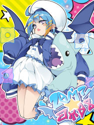 Rule 34 | 1girl, ahoge, blonde hair, blue hair, blue nails, bow, bowtie, commentary, dress, duel monster, fang, hat, highres, holding, holding stuffed toy, jacket, lil-la (yu-gi-oh!), live twin lil-la, long sleeves, mtu (orewamuzituda), multicolored hair, nail polish, open clothes, open jacket, open mouth, puffy sleeves, solo, streaked hair, stuffed animal, stuffed shark, stuffed toy, two-tone hair, wings, yu-gi-oh!