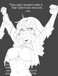 Rule 34 | 1girl, absurdres, ahoge, arms up, chain, clenched hands, english text, fate/grand order, fate (series), gauntlets, greyscale, headpiece, highres, jeanne d&#039;arc (fate), jeanne d&#039;arc alter (avenger) (fate), jeanne d&#039;arc alter (fate), monochrome, open mouth, parody, photo-referenced, sally (luna-arts), teeth, victory pose