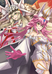 Rule 34 | 2girls, animal ear fluff, animal ears, bare shoulders, beast iv:l, blonde hair, blush, breasts, buttons, cleavage, coat, detached collar, double-breasted, double bun, dress, extra ears, fate/grand order, fate (series), fox ears, fox girl, fox tail, fur collar, garter straps, gloves, hair between eyes, hair bun, hat, headpiece, highres, japanese clothes, kimono, koyanskaya (assassin) (third ascension) (fate), koyanskaya (fate), koyanskaya (lostbelt beast:iv) (fate), ksfactory, large breasts, long hair, long sleeves, looking at viewer, multiple girls, off shoulder, open clothes, open coat, open mouth, pink gloves, pink hair, rabbit ears, rope, sash, short dress, sidelocks, smile, tail, tamamo (fate), thighhighs, thighs, very long hair, white coat, white dress, white headwear, white kimono, white legwear, wide sleeves, yellow eyes