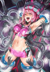 Rule 34 | 1girl, ahegao, aqua eyes, armpits, arms up, bad id, bad pixiv id, blouse, blush, breasts, collarbone, crop top, crying, drooling, female focus, half-closed eyes, has bad revision, highres, inbosk, large breasts, laughing, legs apart, lips, looking up, mechanical arm, mechanical arms, midriff, navel, nobiiru arm, nose blush, open mouth, original, pink hair, pink shirt, pink shorts, restrained, rolling eyes, saliva, shiny skin, shirt, short shorts, shorts, single mechanical arm, sleeveless, sleeveless shirt, smile, solo, sweat, tears, teeth, tickling, tickling armpits, tickling arms, tickling breasts, tickling legs, tickling sides, tongue, tongue out, wet