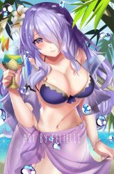 Rule 34 | 1girl, artist name, bikini, blue sky, breasts, camilla (fire emblem), camilla (summer) (fire emblem), cleavage, closed mouth, cloud, cup, day, drinking glass, felielle, fire emblem, fire emblem fates, fire emblem heroes, flower, hair flower, hair ornament, hair over one eye, holding, holding cup, holding drinking glass, large breasts, long hair, nail polish, navel, nintendo, purple eyes, purple hair, sarong, see-through, sky, solo, standing, swimsuit, water