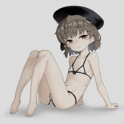 Rule 34 | 1girl, arm support, bare legs, barefoot, bikini, brown eyes, brown hair, closed mouth, fat mons, flat chest, grey background, hat, hatoba tsugu, hatoba tsugu, hotori (sion), leaning back, looking at viewer, mole, mole under eye, navel, short hair, simple background, smile, solo, swimsuit, virtual youtuber, white bikini