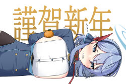 Rule 34 | 1girl, ako (blue archive), blue archive, blue eyes, blue hair, blue jacket, blush, breasts, clenched teeth, collar, earrings, food, fruit, hair between eyes, hairband, jacket, jewelry, large breasts, leash, lying, medium hair, object on breast, on side, oppai mochi, orange (fruit), red collar, shirt, sideboob, simple background, solo, tearing up, teeth, tennen inari, translation request, upper body, white background, white shirt