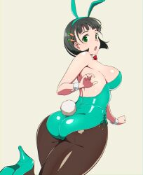 Rule 34 | 1girl, animal ears, ass, black hair, black pantyhose, bow, bowtie, breasts, carrot hair ornament, fake animal ears, fake tail, female focus, food-themed hair ornament, from behind, green eyes, green footwear, green leotard, hair ornament, high heels, kirigaya suguha, large breasts, leotard, looking at viewer, looking back, open mouth, pantyhose, playboy bunny, puge, rabbit ears, rabbit tail, red bow, red bowtie, sideboob, solo, strapless, strapless leotard, sword art online, tail, wrist cuffs