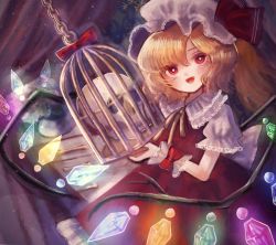 Rule 34 | 1girl, :d, birdcage, blonde hair, blush, bow, bright pupils, cage, collared shirt, commentary, cowboy shot, crystal, curtains, drawer, dress, eyebrows hidden by hair, fang, flandre scarlet, frilled shirt collar, frills, hat, hat ribbon, hell0120, highres, holding, looking at viewer, medium hair, mob cap, neck ribbon, open mouth, ponytail, puffy short sleeves, puffy sleeves, red bow, red dress, red eyes, red ribbon, ribbon, shirt, short sleeves, skull, smile, solo, touhou, white hat, white pupils, white shirt, wings, wrist bow, wrist cuffs, yellow ribbon
