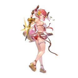 Rule 34 | 1girl, alpha transparency, ass, bag, belt, bikini, bikini skirt, blush, breasts, bridal garter, brown eyes, closed mouth, draph, earrings, flower, front-tie top, full body, granblue fantasy, hair flower, hair ornament, handbag, holding, holding sword, holding weapon, horns, jewelry, large breasts, looking at viewer, looking back, minaba hideo, official art, pointy ears, red hair, sandals, sheath, short hair, sideboob, solo, sturm (granblue fantasy), swimsuit, sword, transparent background, underboob, unsheathed, weapon, white bikini, white flower
