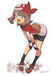 Rule 34 | 1girl, :d, bandana, bent over, bike shorts, black socks, blue eyes, blush, brown hair, creatures (company), eyebrows, fanny pack, full body, game freak, gloves, hair between eyes, leaf, legs apart, long hair, looking at viewer, maple leaf, may (pokemon), miniskirt, multicolored clothes, multicolored gloves, nintendo, nyonn24, open mouth, pigeon-toed, pokemon, pokemon rse, red footwear, red shirt, shirt, shoes, short sleeves, shorts, shorts under skirt, skirt, smile, socks, solo, standing, teeth, tongue, twitter username, white skirt