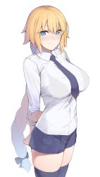Rule 34 | 1girl, blonde hair, blue eyes, blush, bra visible through clothes, braid, breasts, closed mouth, collared shirt, dress shirt, enosan, fate/apocrypha, fate (series), hair between eyes, highres, jeanne d&#039;arc (fate), jeanne d&#039;arc (girl from orleans) (fate), jeanne d&#039;arc (ruler) (fate), large breasts, long braid, long hair, long sleeves, looking at viewer, necktie, pleated skirt, shirt, simple background, single braid, skirt, smile, solo, thighhighs, thighs, very long hair, white background, white shirt