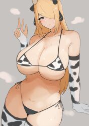 Rule 34 | 1girl, animal ears, animal print, bikini, black collar, blonde hair, breasts, closed mouth, collar, commentary, cow ears, cow horns, cow print, cow print bikini, creatures (company), curvy, cynthia (pokemon), elbow gloves, game freak, gloves, grey background, grey eyes, hair ornament, hair over one eye, hand up, highres, horns, large breasts, long hair, looking at viewer, micro bikini, navel, nintendo, pokemon, print bikini, simple background, skindentation, solo, stomach, swimsuit, tatsu (user rjes8545), thighhighs, very long hair, w