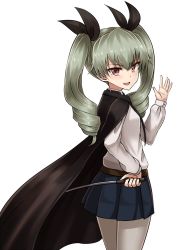Rule 34 | 10s, 1girl, :d, anchovy (girls und panzer), belt, black cape, black ribbon, black skirt, blush, cape, cowboy shot, crossed arms, dress shirt, drill hair, fang, girls und panzer, green hair, hair ribbon, hand on own hip, highres, long hair, long sleeves, looking at viewer, necktie, open mouth, pantyhose, pleated skirt, red eyes, ribbon, riding crop, school uniform, shirt, simple background, skirt, smile, solo, twin drills, twintails, white background, white shirt, yakob labo