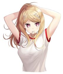 Rule 34 | 1girl, ahoge, akamatsu kaede, arms behind head, blonde hair, breasts, danganronpa (series), danganronpa v3: killing harmony, dot nose, eighth note, fortissimo, hair ornament, highres, in mouth, large breasts, long hair, looking to the side, musical note, musical note hair ornament, ponytail, purple eyes, shirt, short sleeves, simple background, solo, sportswear, ssumbi, white background, white shirt
