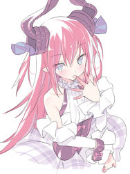 Rule 34 | bare shoulders, blade (galaxist), blue eyes, blue ribbon, blush, bow, breasts, collarbone, curled horns, detached sleeves, dragon horns, elizabeth bathory (fate), elizabeth bathory (fate/extra ccc), elizabeth bathory (second ascension) (fate), fate (series), grey skirt, hair between eyes, hair ribbon, hand up, horns, licking, licking finger, long hair, long sleeves, looking at viewer, pink bow, pink hair, plaid, plaid skirt, pointy ears, ribbed shirt, ribbon, rojiura satsuki: chapter heroine sanctuary, shirt, sidelocks, skirt, small breasts, solo, tongue, tongue out, two side up, underbust, very long hair, white shirt