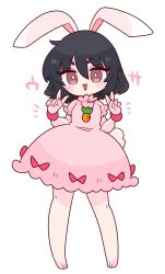 Rule 34 | animal ears, barefoot, black hair, carrot necklace, dress, floppy ears, frilled sleeves, frills, highres, inaba tewi, jewelry, necklace, op na yarou, pink dress, pink shirt, puffy short sleeves, puffy sleeves, rabbit ears, rabbit girl, rabbit tail, ribbon-trimmed dress, ribbon-trimmed skirt, ribbon trim, shirt, short hair, short sleeves, tail, touhou, v, wavy hair