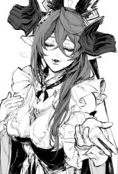 Rule 34 | 1girl, breasts, closed eyes, commentary, dress, facing viewer, galleon (granblue fantasy), granblue fantasy, greyscale, hair between eyes, hand on own chest, horns, leaning forward, long hair, looking at viewer, medium breasts, monochrome, parted lips, pointy ears, rakko-chan genkou-chuu, simple background, smile, solo, symbol-only commentary, upper body, white background