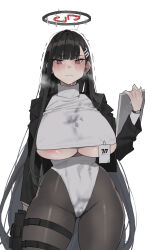 Rule 34 | 1girl, @ @, absurdres, alternate costume, areola slip, black hair, black jacket, black pantyhose, blazer, blue archive, blush, breasts, clothing cutout, groin, halo, highleg, highleg leotard, highres, holding, holding tablet pc, holster, huge breasts, id card, jacket, leotard, long hair, looking at viewer, mimyo, pantyhose, red eyes, rio (blue archive), simple background, solo, straight hair, sweat, sweaty clothes, tablet pc, thigh holster, trembling, underboob, very long hair, watch, white background, white leotard, wristwatch