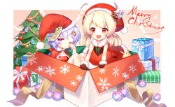 Rule 34 | 2girls, blonde hair, blue eyes, christmas, christmas ornaments, christmas tree, commentary, genshin impact, hat, hat feather, highres, klee (genshin impact), lalazyt, low twintails, multiple girls, purple eyes, purple hair, qiqi (genshin impact), red eyes, santa costume, santa hat, short hair, snowflakes, twintails