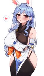 Rule 34 | 1girl, absurdres, animal ear fluff, animal ears, apron, auraaa, blue hair, blush, braid, braided ponytail, breasts, detached sleeves, highres, hololive, large breasts, long hair, looking at viewer, mature female, multicolored hair, open mouth, pekomama, rabbit-shaped pupils, rabbit ears, rabbit girl, red eyes, short eyebrows, smile, solo, symbol-shaped pupils, thick eyebrows, virtual youtuber, white hair