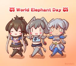 Rule 34 | 0 0, 3girls, african elephant (kemono friends), animal ears, bikini, blush stickers, brown hair, chibi, closed mouth, coroha, cropped shirt, detached sleeves, elbow gloves, elephant ears, elephant girl, elephant tail, english text, full body, gloves, grey hair, holding, holding weapon, indian elephant (kemono friends), japari symbol, kemono friends, mammoth (kemono friends), midriff, multicolored hair, multiple girls, navel, necktie, open mouth, outstretched arms, scarf, shirt, shorts, side-by-side, skirt, sleeveless, sleeveless shirt, smile, spread arms, stomach, swimsuit, tail, tan, thighhighs, twitter username, two-tone hair, walking, weapon, white hair, zettai ryouiki, | |