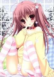 Rule 34 | 1girl, absurdres, blush, buckle, cameltoe, collar, finger to mouth, highres, index finger raised, jacket, long hair, looking at viewer, nanaka mai, off shoulder, panties, pink hair, pink panties, pink thighhighs, red eyes, sitting, sleeves past wrists, snow, snowing, spread legs, striped clothes, striped panties, striped thighhighs, thighhighs, underwear, white panties, white thighhighs, window