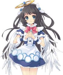 Rule 34 | 1girl, angel wings, apron, black hair, blue eyes, blue skirt, bow, brooch, frills, halo, own hands clasped, ito noizi, jewelry, kamisama to unmei (series), kamisama to unmei kakumei no paradox, long hair, official art, own hands together, pink bow, ribbon, saotome liliel, skirt, smile, solo, standing, transparent background, white wings, wings