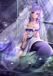 Rule 34 | 1girl, ahoge, alternate costume, alternate hair length, alternate hairstyle, bare shoulders, blue eyes, blue hair, bracelet, breasts, bridal veil, bug, butterfly, cleavage, collarbone, doc.lnn, dress, drill hair, fins, head fins, insect, jewelry, light rays, long hair, looking at viewer, matching hair/eyes, mermaid, monster girl, off shoulder, partially submerged, petals, sitting, smile, solo, touhou, veil, wakasagihime, water