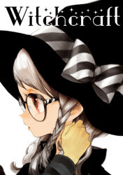 Rule 34 | 1girl, bow, braid, glasses, hat, michi ta (masquerade), original, parted lips, red eyes, silver hair, solo, text focus, witch, witch hat