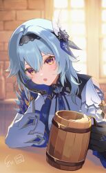 Rule 34 | 1girl, alcohol, arm support, beer, beer mug, black gloves, black hairband, blue gloves, blue hair, blush, clothing cutout, cup, dated, eula (genshin impact), genshin impact, gloves, hair between eyes, hair ornament, hairband, hand on own face, head rest, highres, holding, holding cup, indoors, long sleeves, looking at viewer, medium hair, mug, open mouth, pinocle, pov, purple eyes, shoulder cutout, sidelocks, signature, solo, upper body, white sleeves, wide sleeves, window, wooden cup