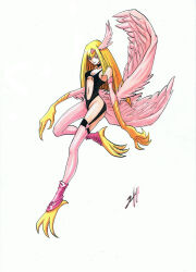 Rule 34 | 1girl, absurdres, asymmetrical legwear, bare shoulders, blonde hair, blush, breasts, chinese commentary, claws, cleavage, commentary request, duel monster, feathered wings, feathers, hair ornament, harpie girl (yu-gi-oh!), harpy, heart, heart hair ornament, highres, hl930211, long hair, mismatched legwear, monster girl, navel, pink eyes, pink feathers, pink thighhighs, pink wings, simple background, small breasts, smile, solo, thighhighs, white background, winged arms, wings, yu-gi-oh!