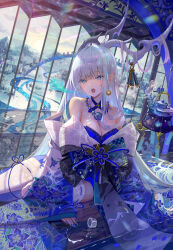 Rule 34 | 1girl, blue eyes, blue kimono, blue nails, blue theme, breath weapon, breathing fire, chinese zodiac, dragon girl, dragon horns, earrings, fire, grey hair, highres, horns, indoors, ito lab, japanese clothes, jewelry, kimono, magatama, magatama necklace, nail polish, necklace, obi, open clothes, open mouth, original, pointy ears, print kimono, red pupils, sash, thighhighs, two-tone kimono, white hair, white thighhighs, wide sleeves, year of the dragon