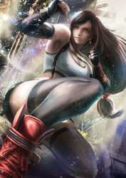 Rule 34 | 1girl, armpits, arms up, black gloves, black skirt, black thighhighs, breasts, brown hair, cleavage, clenched hand, collapsed, crop top, cross-laced footwear, earrings, elbow gloves, final fantasy, final fantasy vii, final fantasy vii remake, fingerless gloves, flower, gloves, hair tie, jewelry, kaopon, kneeling, light smile, long hair, md5 mismatch, medium breasts, pleated skirt, red eyes, red footwear, resolution mismatch, shirt, signature, skirt, sleeveless, solo, source smaller, sports bra, suspender skirt, suspenders, thighhighs, tifa lockhart, white shirt, yellow flower