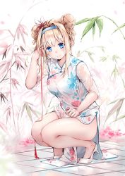 Rule 34 | 1girl, bamboo, bare legs, blonde hair, blue eyes, blue hairband, blush, breasts, china dress, chinese clothes, closed mouth, clothes between thighs, commentary, day, dema hmw, double bun, dress, earrings, floral print, full body, girls&#039; frontline, glint, hair between eyes, hair bun, hair ornament, hairband, hand in own hair, high heels, jewelry, long hair, looking at viewer, medium breasts, outdoors, pelvic curtain, revision, ring, sidelocks, snowflake hair ornament, solo, squatting, string, suomi (girls&#039; frontline), thighs, wet, wet clothes, white footwear