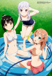 Rule 34 | 10s, 3girls, :d, :o, absurdres, amatsuki mashiro, barefoot, bikini, black hair, blue one-piece swimsuit, blush, body blush, braid, breasts, brown eyes, cleavage, collarbone, day, floral print, from above, from behind, grass, green eyes, gun, hair between eyes, hair ornament, hair over shoulder, hair scrunchie, hairclip, hanasaka yui, highres, holding, holding gun, holding hose, holding weapon, hose, kneeling, light brown hair, looking at viewer, magazine scan, medium breasts, megami magazine, multiple girls, nanahashi minori, navel, official art, one-piece swimsuit, one room, open mouth, outdoors, parted lips, ponytail, print bikini, red bikini, red sarong, sarong, scan, scrunchie, side-tie bikini bottom, silver hair, single braid, sitting, skindentation, smile, swimsuit, tani takuya, thigh gap, wading pool, wariza, water, water gun, weapon, white bikini, white scrunchie