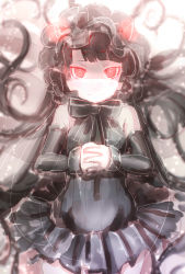 Rule 34 | 10s, 1girl, abyssal ship, arm warmers, bad id, bad pixiv id, bare shoulders, black dress, black hair, bonnet, bow, colored skin, covered navel, dress, frills, gothic lolita, interlocked fingers, isolated island oni, kantai collection, lolita fashion, long hair, looking at viewer, meth (emethmeth), red eyes, smile, solo, very long hair, white skin