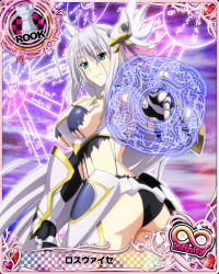 Rule 34 | 10s, 1girl, antenna hair, artist request, ass, black thighhighs, blue eyes, breasts, card (medium), character name, chess piece, detached sleeves, female focus, gauntlets, hair between eyes, headgear, high school dxd, high school dxd infinity, large breasts, light smile, long hair, official art, ribbon, rook (chess), rossweisse, silver hair, solo, thighhighs, torn clothes, trading card, very long hair