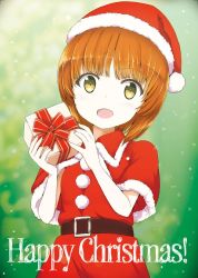 Rule 34 | 1girl, alternate costume, belt, black belt, blurry, blurry background, blush, brown eyes, brown hair, capelet, commentary request, dress, english text, gift, girls und panzer, hat, head tilt, holding, holding gift, light blush, looking at viewer, merry christmas, nishizumi miho, open mouth, red capelet, red dress, red hat, santa costume, santa hat, shibagami, short hair, smile, snow, solo, upper body