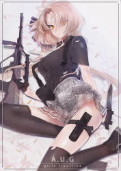 Rule 34 | 1girl, ass, assault rifle, aug (girls&#039; frontline), bad id, bad pixiv id, bullpup, muzzle device, flower, girls&#039; frontline, gloves, gun, hair flower, hair ornament, holster, knife, looking at viewer, lying, miniskirt, plaid, plaid skirt, rifle, seikimatsu rori, short hair, skirt, smile, solo, steyr aug, thigh holster, thigh strap, thighhighs, weapon, yellow eyes