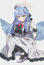 Rule 34 | 1girl, absurdres, black pantyhose, blue archive, blue hair, blue wings, blush, braid, breasts, closed mouth, dress, feathered wings, frilled dress, frills, full body, gloves, green eyes, halo, hat, highres, large breasts, long hair, long sleeves, mine (blue archive), nurse cap, pangtanto, pantyhose, pointy ears, shoes, simple background, solo, twin braids, white background, white dress, white footwear, white gloves, white hat, wings, yellow halo