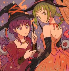 Rule 34 | 2girls, braid, elbow gloves, fire emblem, fire emblem: the sacred stones, gloves, green hair, grey eyes, halloween, halloween costume, hat, looking at viewer, lute (fire emblem), multiple girls, nintendo, ponytail, purple eyes, purple hair, smile, vanessa (fire emblem), wand, witch, witch hat