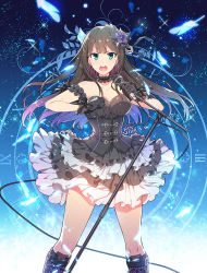 Rule 34 | 10s, 1girl, bare shoulders, blush, boots, brown hair, character name, dress, flower, gloves, green eyes, hair flower, hair ornament, idolmaster, idolmaster cinderella girls, long hair, looking at viewer, microphone, microphone stand, open mouth, redrop, shibuya rin, solo